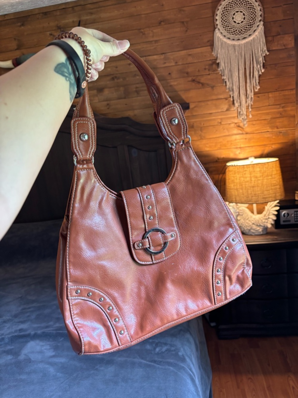 Women’s St John’s Bay Brown Faux Leather Studded Shoulder Bag, spotless inside - Picture 3 of 11